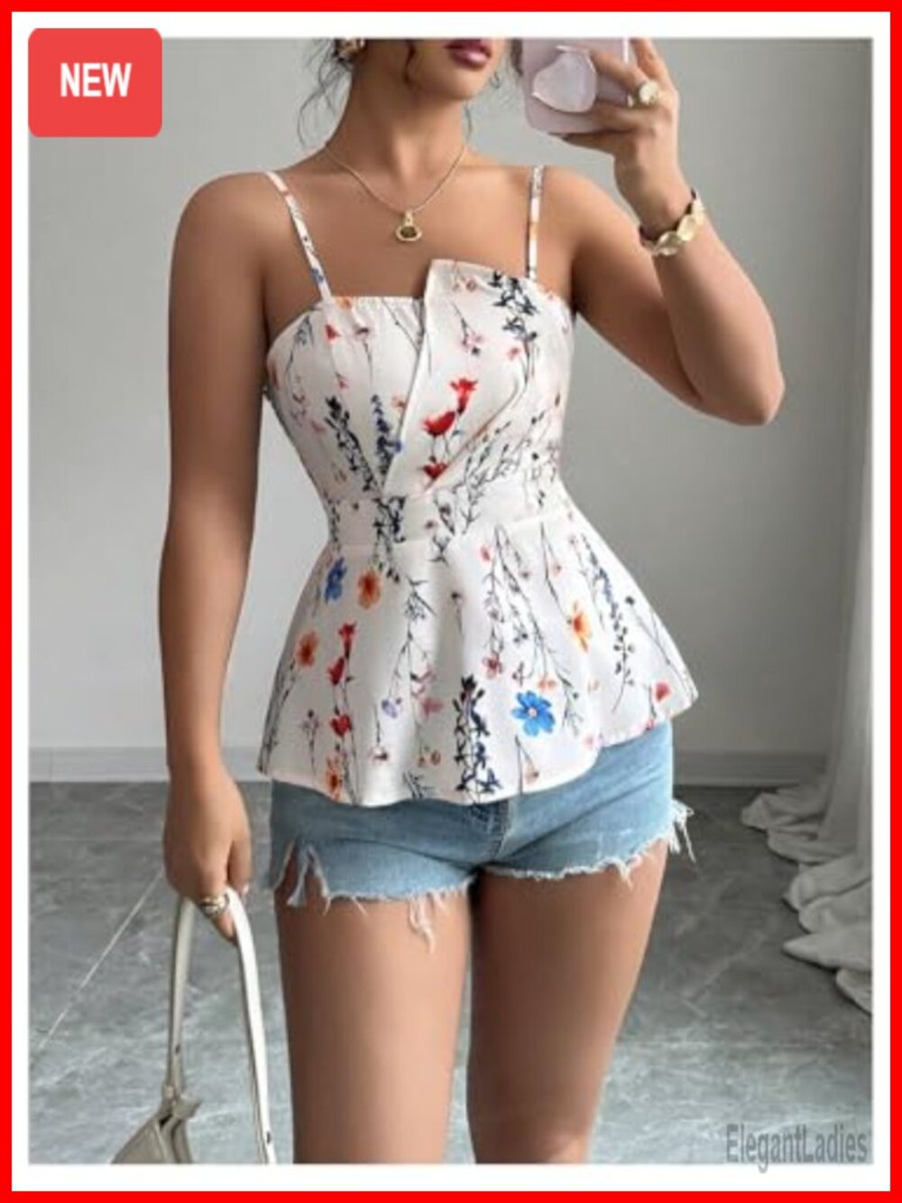 Boho Floral Sleeveless Peplum Camisole Top with Smocked Back Ruffles - Picture 3 of 5